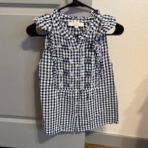 LOFT Navy & White Gingham Ruffle Button-Up Shell